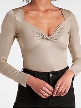 EXPRESS Body Contour Twist Front Gold Metallic Long Sleeve Bodysuit - XS